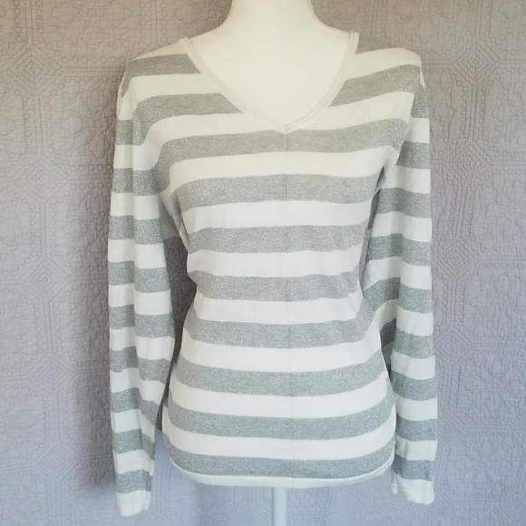 Liz Claiborne Sweaters - White & Gray Stripe VNeck Sweater  Liz Claiborne